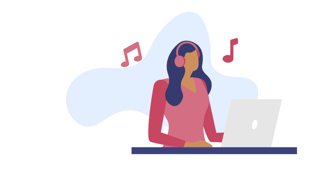 woman listening to music while working  to stay productive working from home